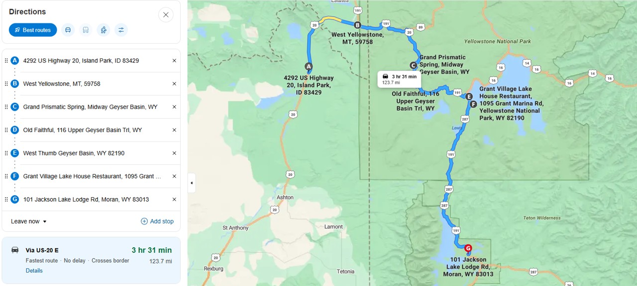 Day 3 full route to Jackson Lake Lodge
